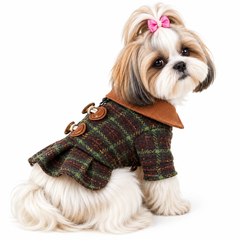 KUTKUT Winter Small Dog Dress, Elegant Plaid Pet Dress with Contrast Corduory Collar, Pleated Hem & Toggle Detailing, Fashion Outfit for Shihtzu, Lhasa Apso, Cavalier King etc ( Brown )