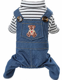 KUTKUT Pet Dog Denim Dungare Jumpsuit with Striped T-Shirt, Cute Puppy Overall Outfit for Small Dogs Cats, Adorable Dog Romper with Teddy Bear Pocket for Puppies and Small Dogs