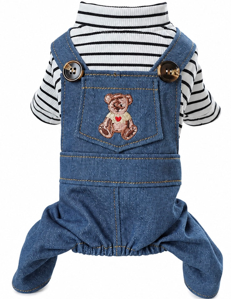 KUTKUT Pet Dog Denim Dungare Jumpsuit with Striped T-Shirt, Cute Puppy Overall Outfit for Small Dogs Cats, Adorable Dog Romper with Teddy Bear Pocket for Puppies and Small Dogs