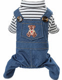 KUTKUT Pet Dog Denim Dungare Jumpsuit with Striped T-Shirt, Cute Puppy Overall Outfit for Small Dogs Cats, Adorable Dog Romper with Teddy Bear Pocket for Puppies and Small Dogs