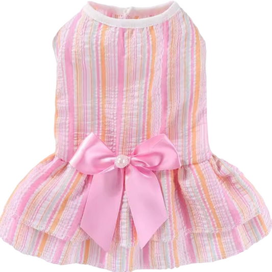 KUTKUT Small Dog Cat Girl Dress Cute Bowknot Tutu Dress Striped Summer Dog Clothes for Small Dogs Girl Toypom, Yorkshire, Mltese Cat Pet Apparel Outfits