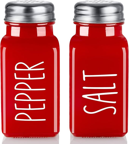 EZYHOME Red Salt and Pepper Shakers Set - Red Kitchen Decor and Accessories for Home Restaurants Wedding - Glass Salt and Pepper Set for Cooking Table, RV, BBQ, Easy to Clean & Refill