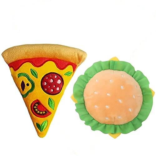 KUTKUT 2 Pack Squeaky Dog Toys, Non-Toxic and Safe Chew Toys for Puppy with Funny Food Pizza Hamburger Shape, Durable Interactive Crinkle Plush Dog Toy for Small, Medium Dogs - kutkutstyle