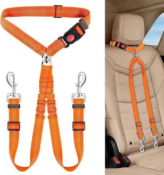 KUTKUT Double Dog Seat Belt, Dual Pet Car Headrest Restraint Safety Seatbelt No Tangle Dog Leash Duty Adjust Elastic Bungee Lead Splitter Connect Harness in Vehicle Travel for 2 Dogs (Orange)