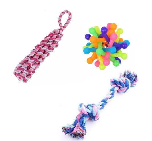 KUTKUT Training Toy Set of Ball, Knotted Rope and Chew Rope for Small Dogs and Pets - Pack of 3 - kutkutstyle