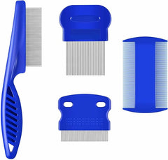 KUTKUT 4Pcs Flea Lice Comb, Stainless Steel Dog Cat Grooming Combs with Rounded Teeth, Double Sided Professional Pet Tear Stain Remover, Dematting Tool for Small, Medium & Large Pets (BLUE)