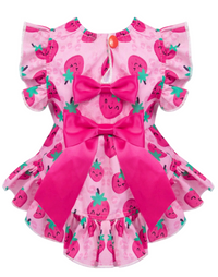 KUTKUT Cute Strawberry Print Dog Dress, Pink Ruffle Sleeves & Skirt With Double Bow, Lightweight, Soft & Breathable Frock For Small Dogs, Cats and Puppies