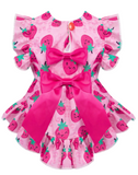 KUTKUT Cute Strawberry Print Dog Dress, Pink Ruffle Sleeves & Skirt With Double Bow, Lightweight, Soft & Breathable Frock For Small Dogs, Cats and Puppies