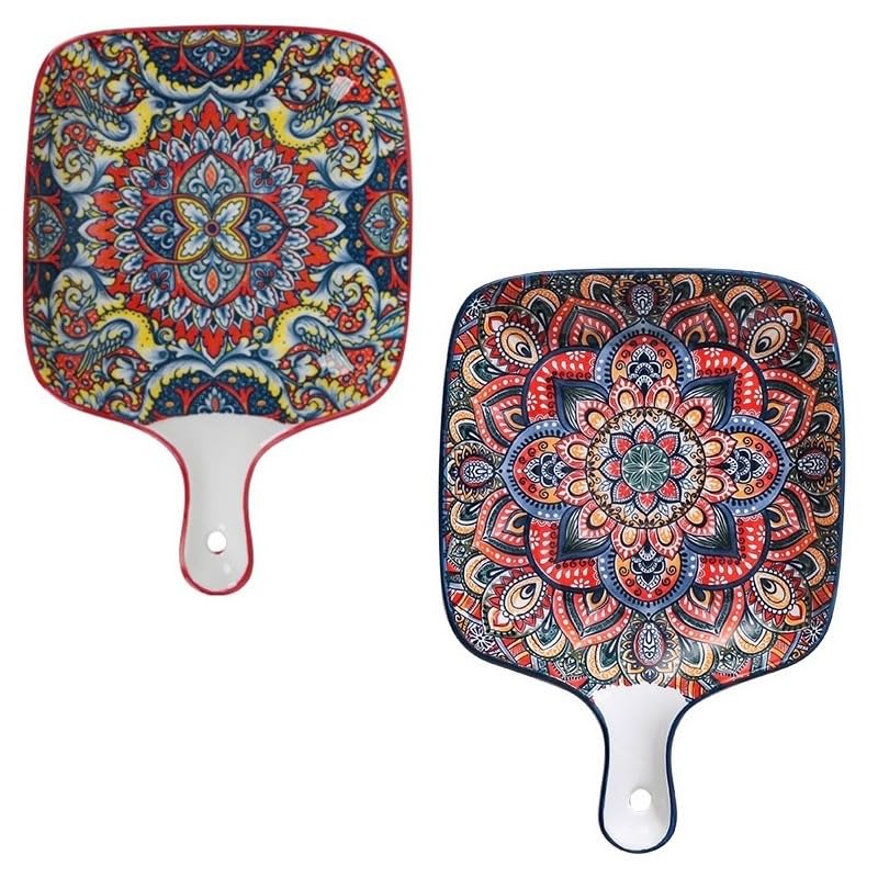 EZYHOME 2Pcs Ceramic Bohemian Baking Plate With Handle Family Dish Plate Salad Plate with Handle, Platter for Pasta, Maggi, Noodles, Manchurian, Dessert, Ice Cream, Microwave Oven & Dishwasher Safe