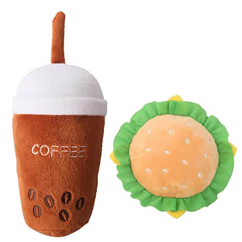 KUTKUT 2 Pack Squeaky Dog Toys, Non-Toxic and Safe Chew Toys for Puppy with Funny Food Hamburger Coffe Tumbler Shape, Durable Interactive Crinkle Plush Dog Toy for Small, Medium Dogs - kutkut