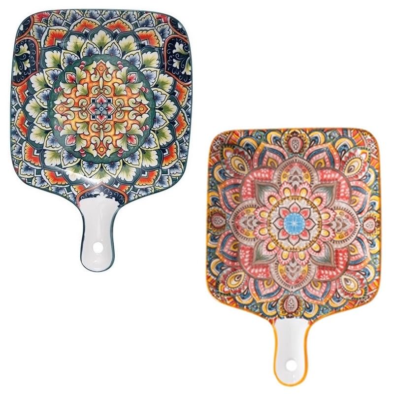 EZYHOME 2Pcs Ceramic Appetizer Plate With Handle Ceramic Ins Plate Salad Plate with Handle, Platter for Pasta, Maggi, Noodles, Manchurian, Dessert, Ice Cream, Microwave Oven & Dishwasher Safe