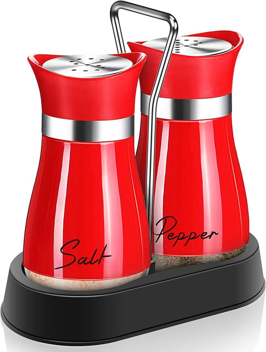 EZYHOME Salt and Pepper Shakers Set with Holder,Red Kitchen Decor and Accessories Farmhouse Gadgets Table Housewarming Gift Christmas Decor Refillable Design