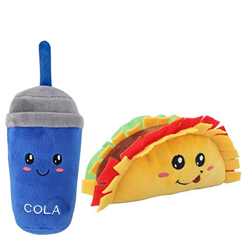 KUTKUT 2 Pack Squeaky Dog Toys, Non-Toxic and Safe Chew Toys for Puppy with Funny Food Cola Taco Shape, Durable Interactive Crinkle Plush Dog Toy for Small, Medium Dogs - kutkutstyle