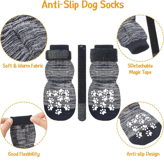 KUTKUT Anti-Slip Dog Socks 4Pcs - Adjustable Pet Paw Protector with Strap, Traction Control Non-Skid for Indoor on Hardwood Floor Wear, Paw Protection for Small Medium Dogs