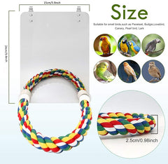 KUTKUT Stainless Steel Bird Mirror with Rope Perch Cockatiel Mirror for Cage Bird Toys Swing Parrot Cage Toys for Parakeet Cockatoo Cockatiel Conure Lovebirds Finch Canaries