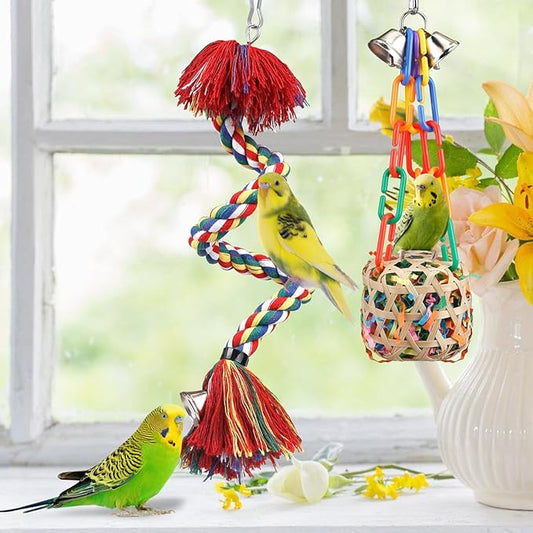 KUTKUT Bird Toys Bird Rope Perch with Bell Colorful Bird Chewing Shredding Foraging Toys Parrot Swing Climbing Standing Hanging Toys Bird Cage Accessories for Conure Cockatiel Budgies Lovebird