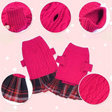 KUTKUT Pink Cable Knit Dog Sweater Dress With Plaid Skirt - Warm Winter Clothes For Small Dogs, Cute Christmas Pet Outfit For Girls, Long Sleeve Knit Outfit With Leash Hole