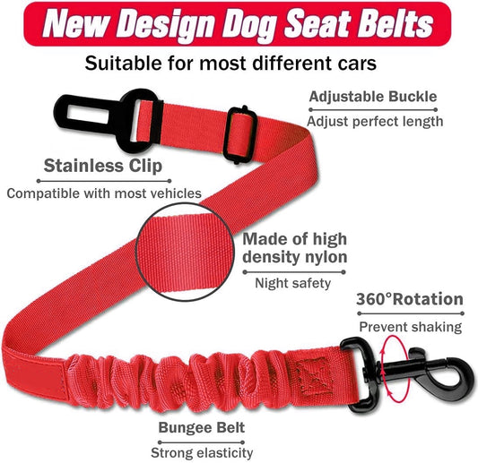 KUTKUT Retractable Seat Belts, Adjustable Dog Seat Belt for Car, Sturdy, Durable, 360 Degree Rotating Elastic Straps for Pet Safety | Universal Fit Small to Large Dog Seat Belt Harness (Red)