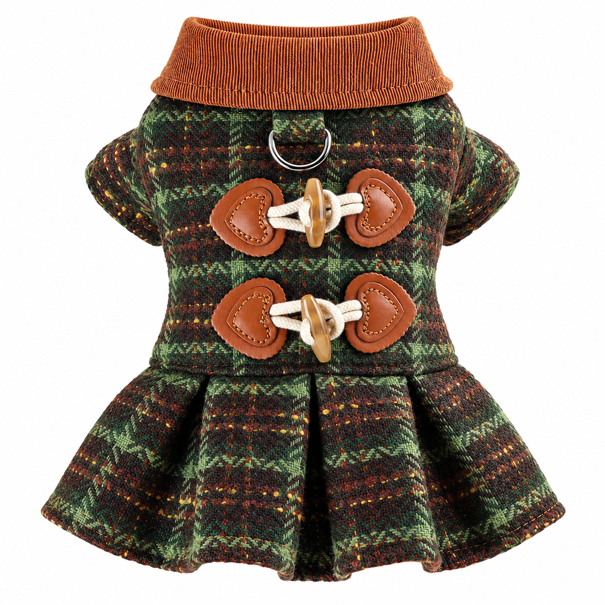 KUTKUT Winter Small Dog Dress, Elegant Plaid Pet Dress with Contrast Corduory Collar, Pleated Hem & Toggle Detailing, Fashion Outfit for Shihtzu, Lhasa Apso, Cavalier King etc ( Brown )