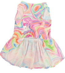 KUTKUT Rainbow Swirl Dog Dress For Small Dogs & Cats, Sleeveless Frock With Pink Bow, Colourful Soft Breathable Polyester Puppy  Outfit For Parties, Photoshoots & Casual Wear