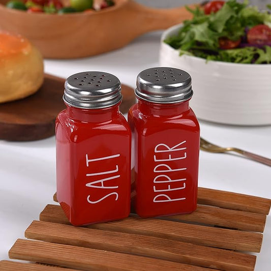 EZYHOME Red Salt and Pepper Shakers Set - Red Kitchen Decor and Accessories for Home Restaurants Wedding - Glass Salt and Pepper Set for Cooking Table, RV, BBQ, Easy to Clean & Refill