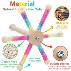KUTKUT 360° Rotating Wooden Bird Perch Toy For Parrots, Budgies, Cockatiels, Lovebirds-Natural Pine Wood & Cotton Rope Stand With Chew Beads, Fun Exercise & Play Training Toy
