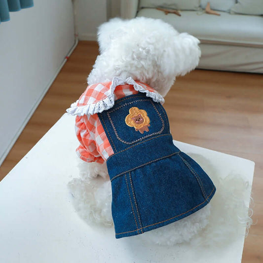 KUTKUT Dog Lace Collar Denim Dress with Button Decore, Small Dog Cat Female Checkered Shirt with Puff Sleeves for for Shihtzu, King Charles, Pug & Small Dogs