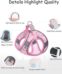 KUTKUT Small Dogs and Cat Harness and Leash Set, Soft and Breathable Vest with Reflective Strip, Escape Proof Kitten Harness, Easy to Wear for Cats Walking and Traveling ( Pink)