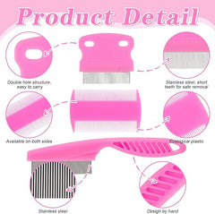 KUTKUT 4Pcs Flea Lice Comb, Stainless Steel Dog Cat Grooming Combs with Rounded Teeth, Double Sided Professional Pet Tear Stain Remover, Dematting Tool for Small, Medium & Large Pets (PINK)