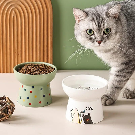 KUTKUT 2Pcs Ceramic Cat Food Or Water Bowl, Raised Cat Feeder Dishes with Stand, Elevated Pet Food Bowl for Cats and Small Dogs, Stress Free Backflow Prevention & Reduce Neck Burden - kutkuts