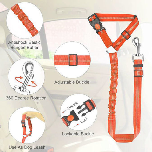 KUTKUT Removable Dog Seat Belt Harness for Car, 3-in-1 Pet Dog Car Seatbelt Leash, Retractable Restraint Secures to Vehicle Headrest & Adjustable Reflective Bungee Dog Seatbelt Tether (Orange)