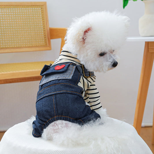 KUTKUT Small Dog Outfits Denim Dogs Overalls Classic Stripe Shirts Bib Pants for Cats Cool Dog Clothes Doggie Jean Jumpsuit Onesie Puppy T-Shirt Apparel with Pocket.