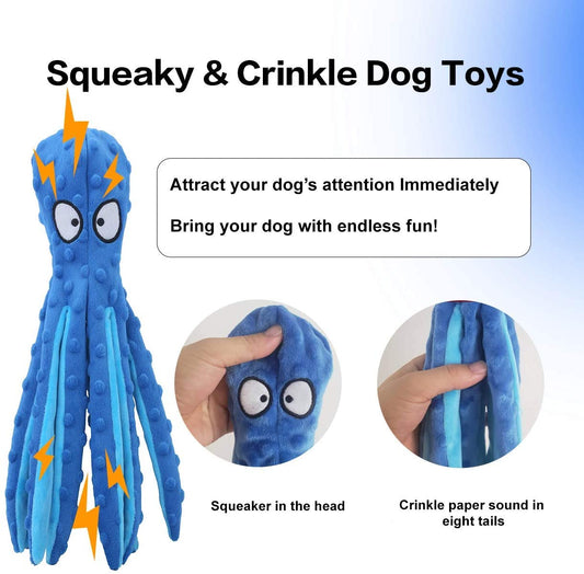 KUTKUT 2 Pcs Dog Squeaky Toys Octopus - No Stuffing Crinkle Plush Dog Toys for Puppy Teething, Durable Interactive Dog Chew Toys for Small to Medium Dogs Training and Reduce Boredom - kutkuts