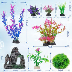 KUTKUT 8Pcs Aquarium Artificial Plastic Plants Decorations and Rock Cave Decor Set Goldfish Betta Fish Tank Accessories Small Large Fish Bowl Ornaments
