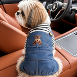 KUTKUT Pet Dog Denim Dungare Jumpsuit with Striped T-Shirt, Cute Puppy Overall Outfit for Small Dogs Cats, Adorable Dog Romper with Teddy Bear Pocket for Puppies and Small Dogs