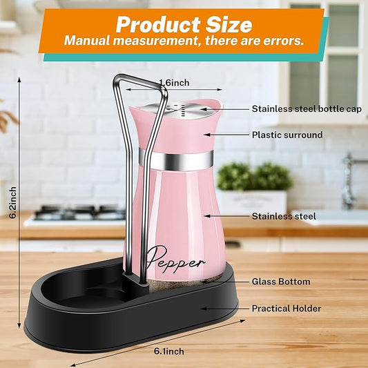 EZYHOME Salt and Pepper Shakers Set Stainless Steel Salt Shaker and Pepper Shaker Set with Holder Refillable Screw-Off Perforated S and P Caps for Kitchen Table Decor(Color: Pink)