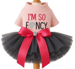 KUTKUT Fancy Tutu Small Dog Cat Girl Dress - Pink Top with I m so Fancy Print, Mesh Skirt & Red Bow, Puppy Girl Party Outfit Cat Dress, Pet Clothing for Maltese, Papillon etc