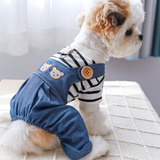 KUTKUT Pet Overalls Jumpsuit For Small Dogs & Cats - Denim Outfit With Teddy Bear Embroidery & Striped Shirt For Puppies, Cats, ShihTzu, Poodle, Lhasa Apso, Jack Russell etc