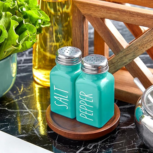 EZYHOME Teal Salt and Pepper Shakers Set - Red Kitchen Decor and Accessories for Home Restaurants Wedding - Glass Salt and Pepper Set for Cooking Table, RV, BBQ, Easy to Clean & Refill