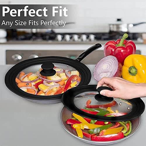 EZYHOME 2Pcs Universal Lid for Pots and Pans,Heat-Resistant Tempered Glass Frying Pan Lid, One Size Fits All, Frying Cooking Pans Cover, Silicone Rubber Pot Lid - kutkutstyle
