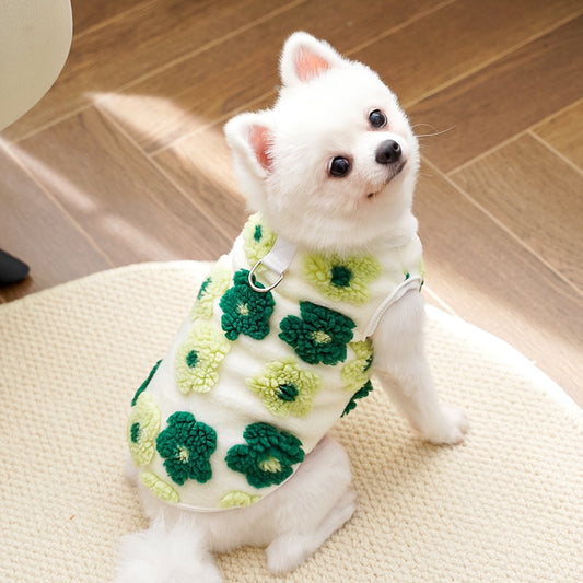 KUTKUT Winter Small Dog Cat Flower Sleeveless Vest Soft Warm Coral Fleece Double Layer Cozy Soft Button Open Sweater Small Doggie Outfit for Maltese, ToyPoodle, Toypom ( Green Floral)