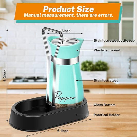 EZYHOME Salt and Pepper Shakers Set Stainless Steel Salt Shaker and Pepper Shaker Set with Holder Refillable Screw-Off Perforated S and P Caps for Kitchen Table Decor(Color:Teal)