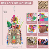 KUTKUT Hanging  Bird Foraging Toys, Natural Grass Basket With Shredding Papers, Wooden Blocks & Colourful Chew Toys for Parakeets, Cockatiels, Conures, Small and Medium Bird Cage Accessories