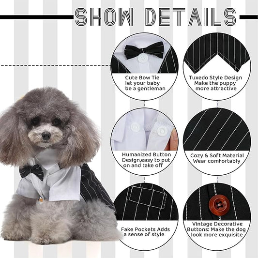 KUTKUT Striped Dog Tuxedo Shirt Formal Suit Bow Tie Costume Stylish Pet Wedding Shirts Dog Prince Wedding Bow Tie Shirt Gentleman Apparel Puppy Clothes for Small Dogs Cats