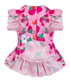 KUTKUT Cute Strawberry Print Dog Dress, Pink Ruffle Sleeves & Skirt With Double Bow, Lightweight, Soft & Breathable Frock For Small Dogs, Cats and Puppies