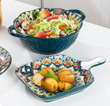 EZYHOME Bohemian Style Creative Serving Platter Ceramic Ins Plate Family Dish Plate Salad Plate with Handle, Plates for Appetizer, Dessert, Pasta, Ice Cream, Microwave and Oven & Dishwasher Safe(2pcs)