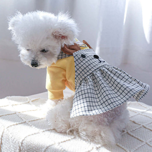 KUTKUT Dog Lace Collar Denim Dress with Button Decore, Small Dog Cat Female Checkered Shirt with Puff Sleeves for for Shihtzu, King Charles, Pug & Small Dogs