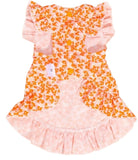 KUTKUT Floral Orange Dog Dress, Ruffle Sleeves & Skirt With Double Satin Bow, Lightweight, Soft & Breathable Polyester Pet Outfit Small Puppy Dogs & Cats Outfit For Photoshoot, Birthday