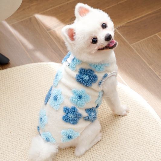 KUTKUT Dog Sleeveless Sweater with D-Ring for Small Puppy & Cats, Winter Puppy Floral Sweater Shirt Cold Weather Plush Warm Doggie Outfit for Maltese, ToyPoodle, Toypom  (Blue Floral)