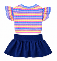 KUTKUT Cute Pet Skirt Set for Small Dogs & Cats, Multicolor Striped Ribbed Top with Ruffle Sleeves and Navy Blue Skirt, Fashionable 2-Piece Pet Clothing for Shihtzu, Pug etc